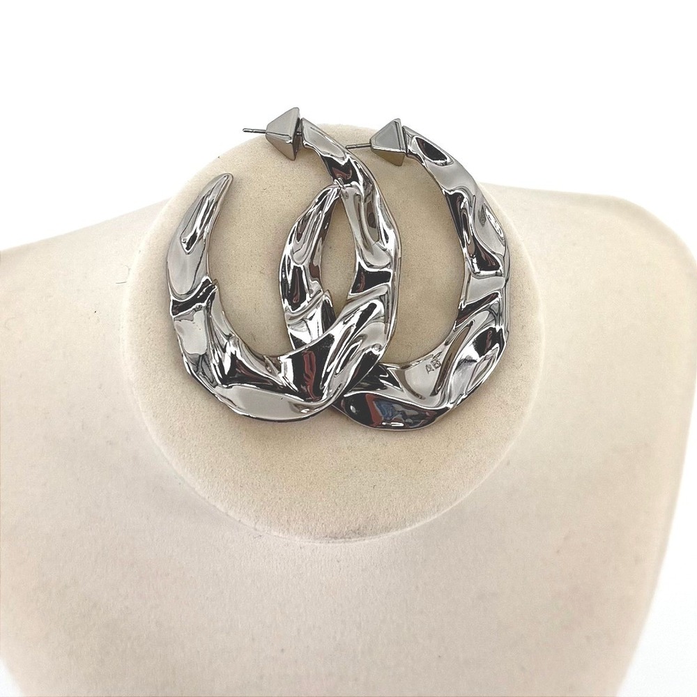 Alexis Bittar Silver Crumpled Sculptural Hammered Hoop Earrings Post Back